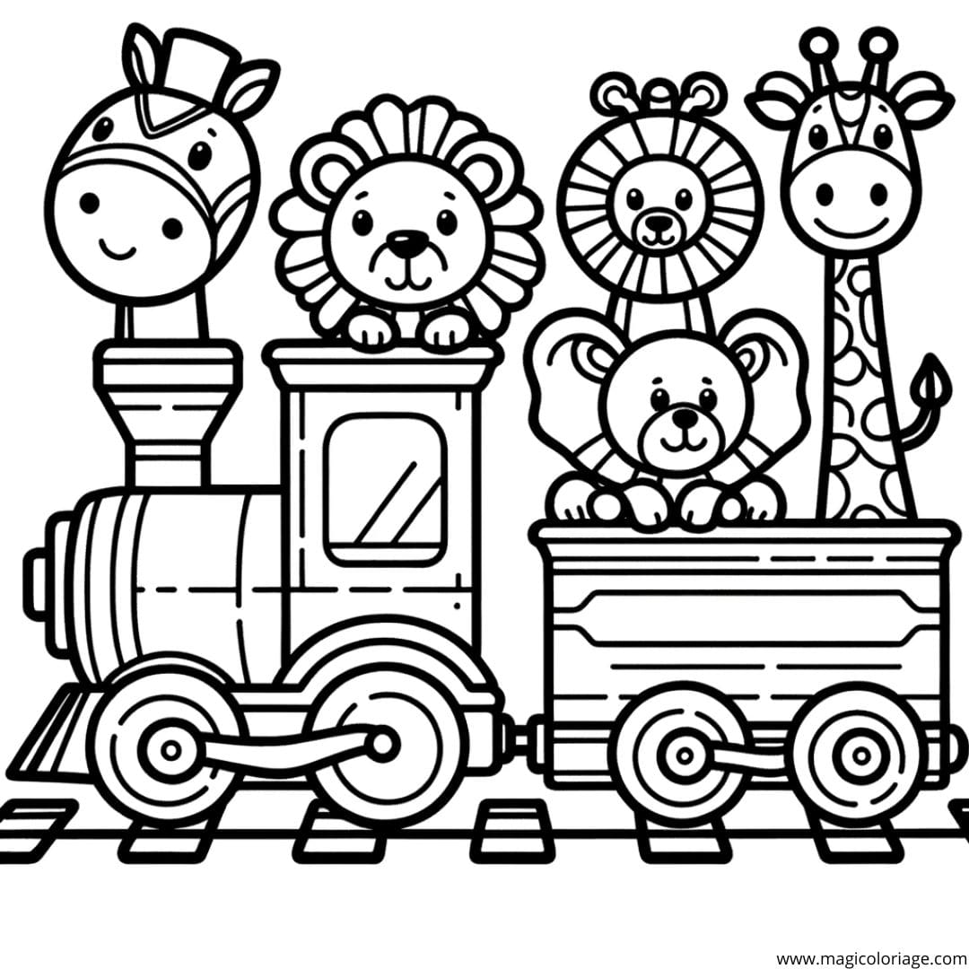 Coloriage d'un train avec des wagons en forme d'animaux, dessin inspirant pour les enfants en maternelle.