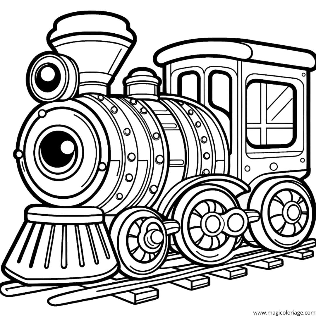 Coloriage d'un train coloré avec de grandes roues, dessin ludique pour les enfants en maternelle.