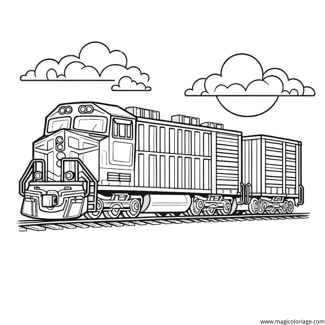 Coloriage d'un train de marchandises, dessin informatif pour enfants.