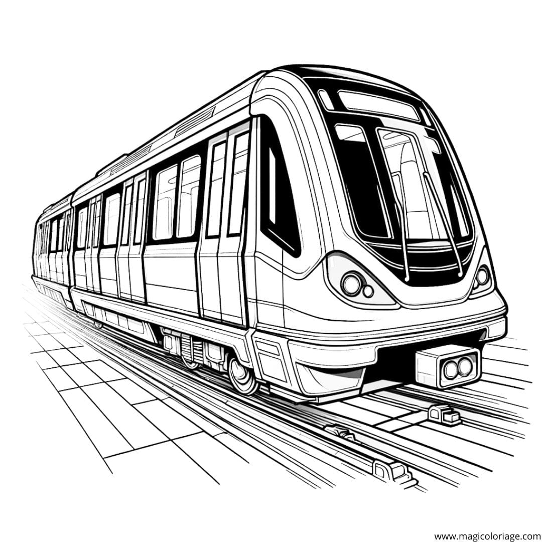 Coloriage d'un train de métro moderne, dessin contemporain pour enfants.