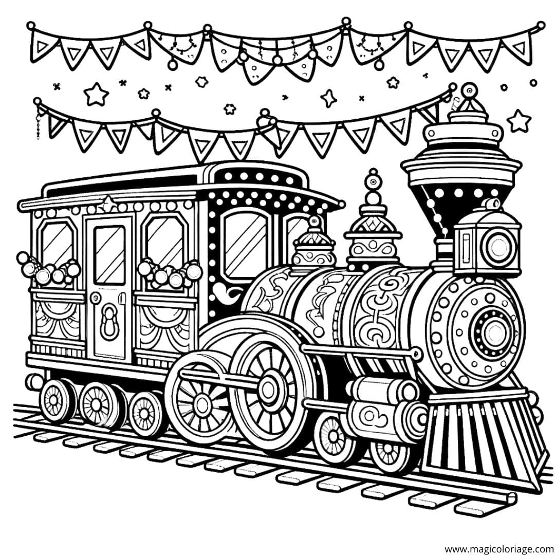 Coloriage d'un train décoré pour une parade, dessin joyeux pour enfants.