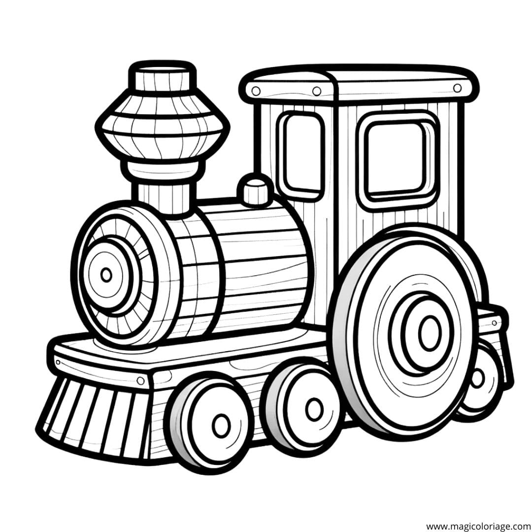 Coloriage d'un train jouet en bois, dessin nostalgique pour les enfants en maternelle.
