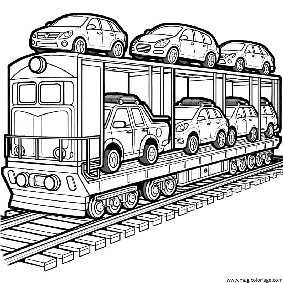 Coloriage d'un train transportant des voitures, dessin instructif pour enfants.
