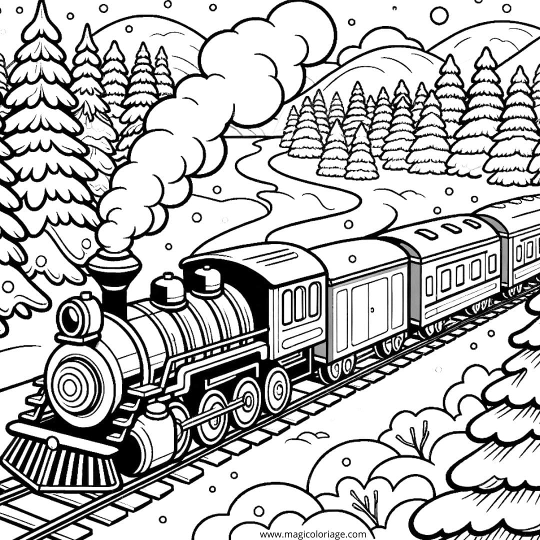 Coloriage d'un train traversant un paysage enneigé, dessin féerique pour enfants.