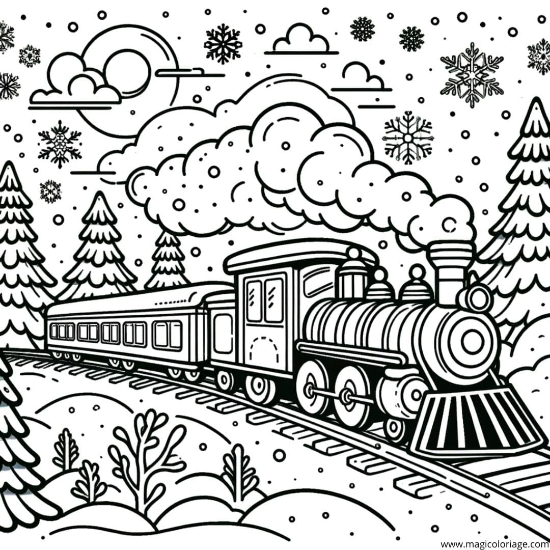 Coloriage d'un train traversant un paysage hivernal, dessin féerique pour enfants.