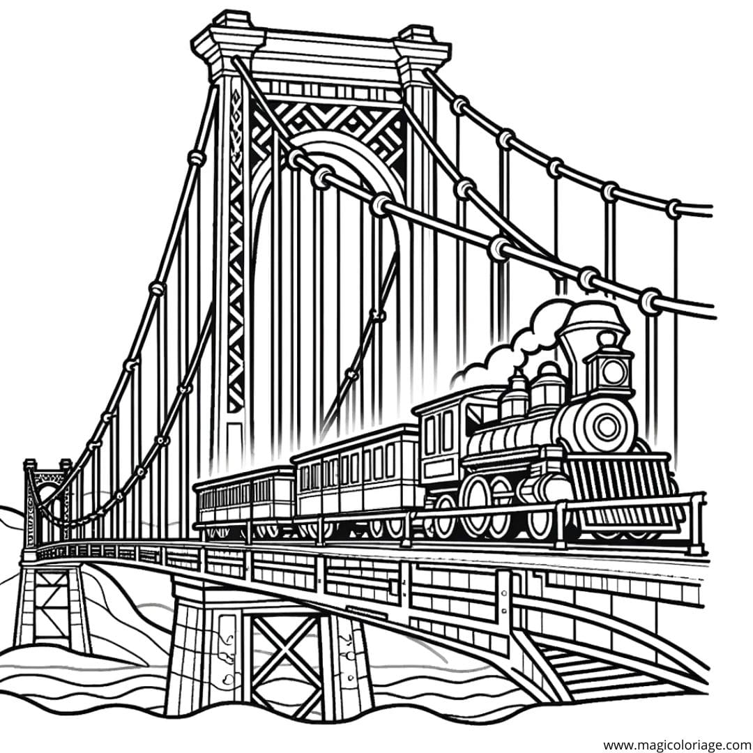 Coloriage d'un train traversant un pont suspendu, dessin aventureux pour enfants.