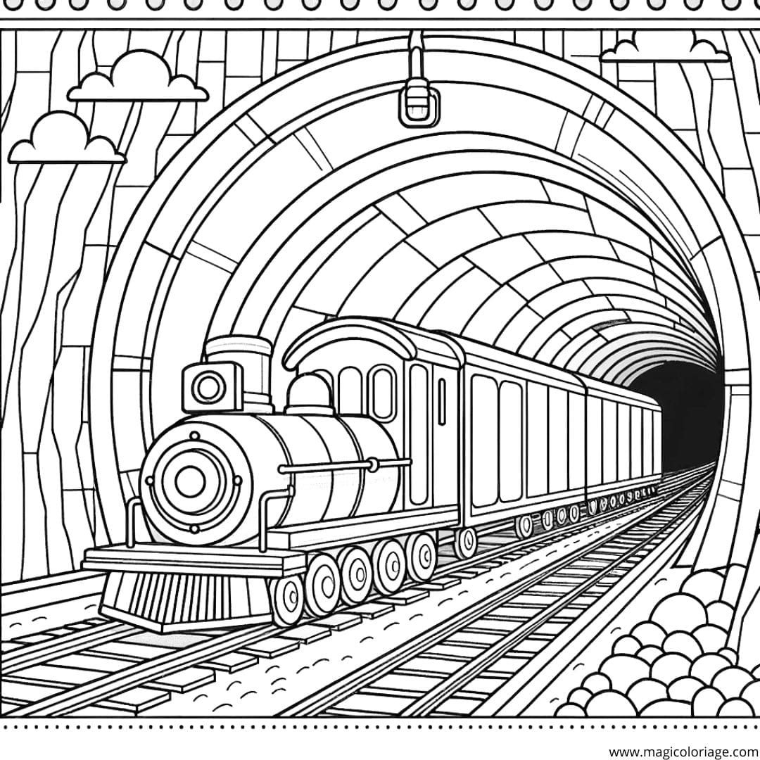 Coloriage d'un train voyageant à travers un tunnel, dessin intrigant pour enfants.