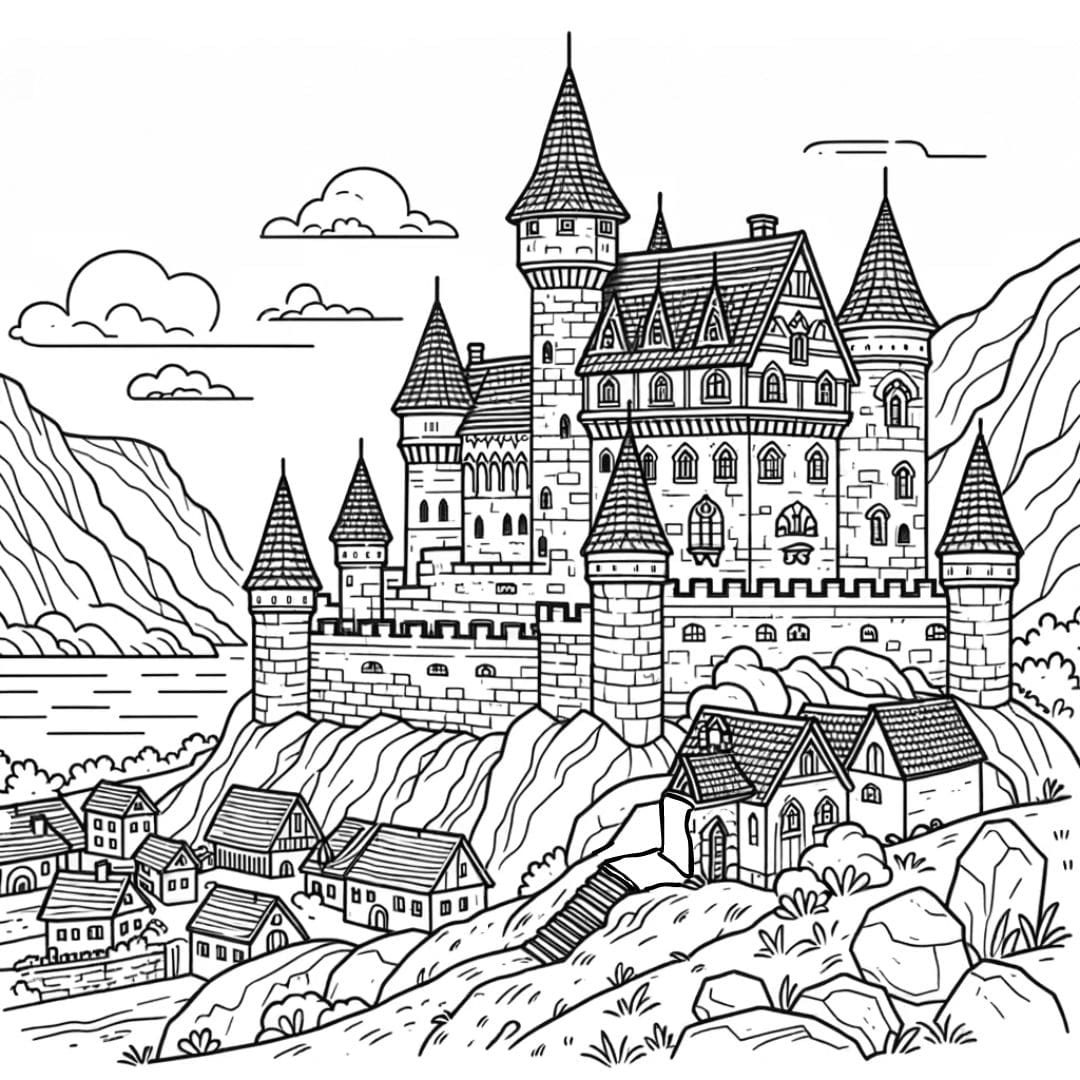 Coloriage château fort sur colline avec vue sur village