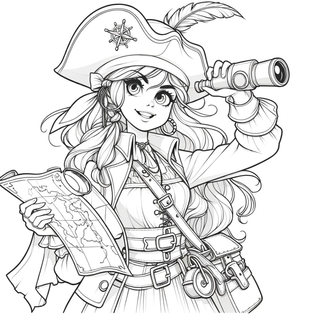 Coloriage d'une pirate fille tenant une carte et une longue-vue
