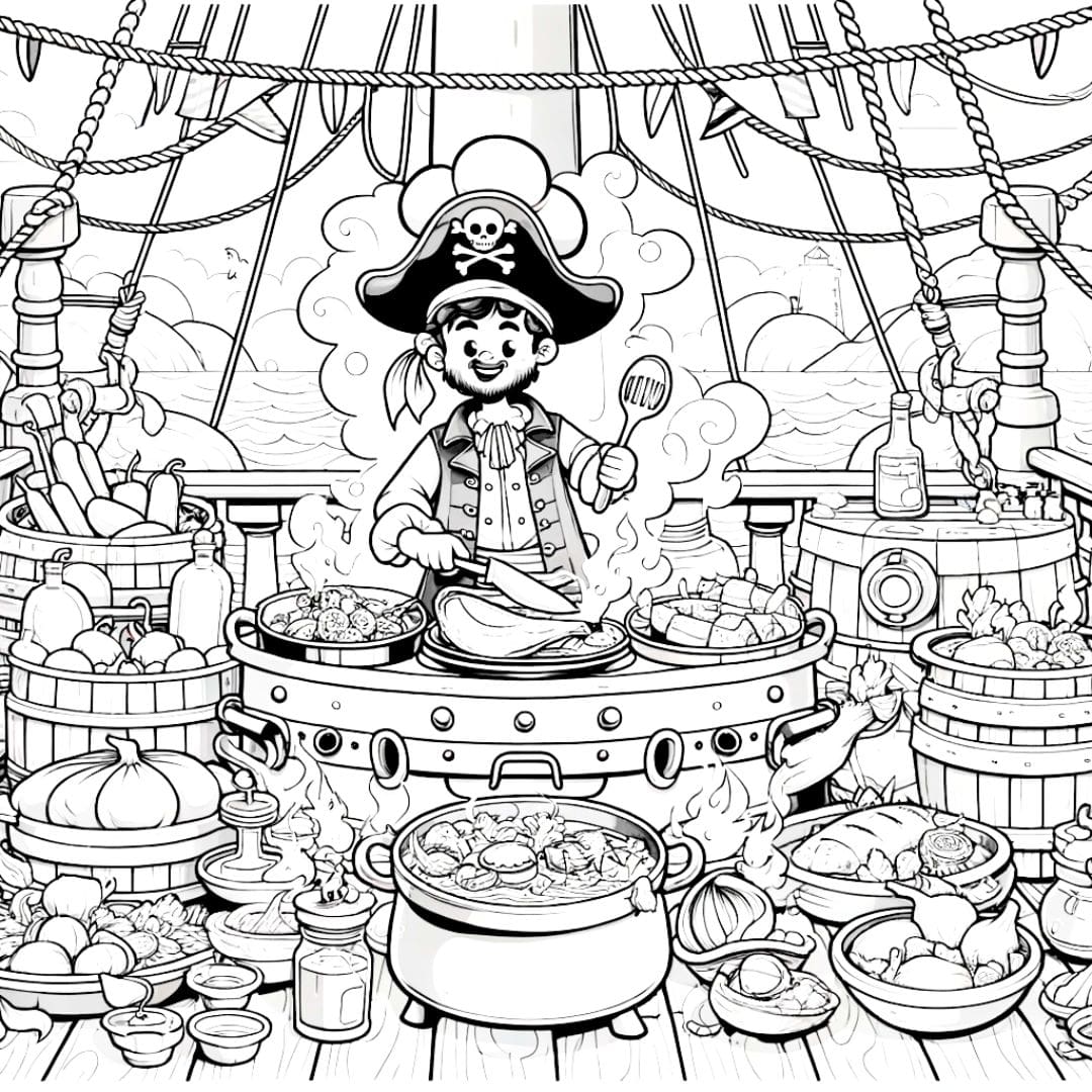 Coloriage pour enfant d'un pirate chef préparant un grand festin sur le pont d'un navire