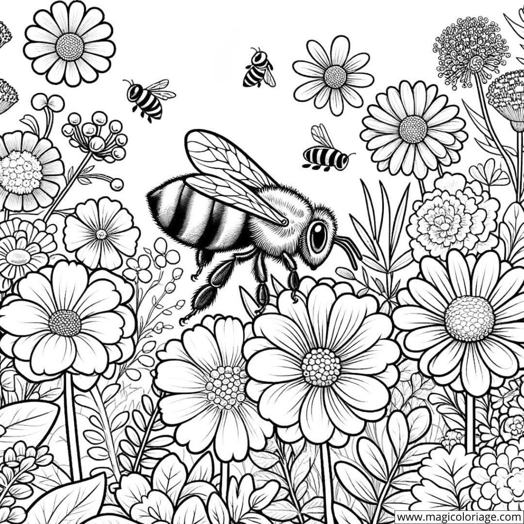 Une abeille butinant des fleurs à colorier