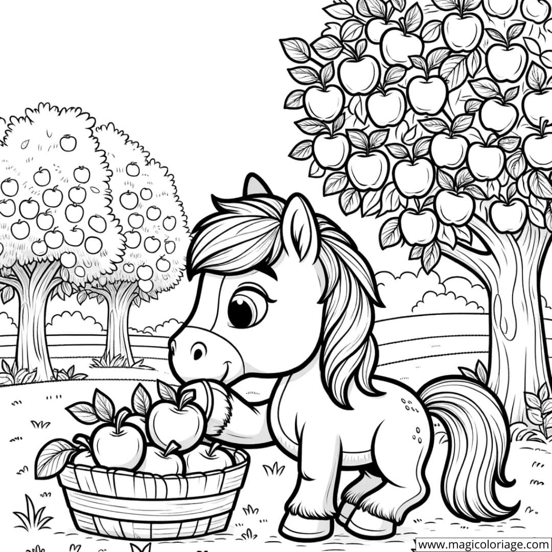 Coloriage d'un cheval mangeant des pommes dans un verger