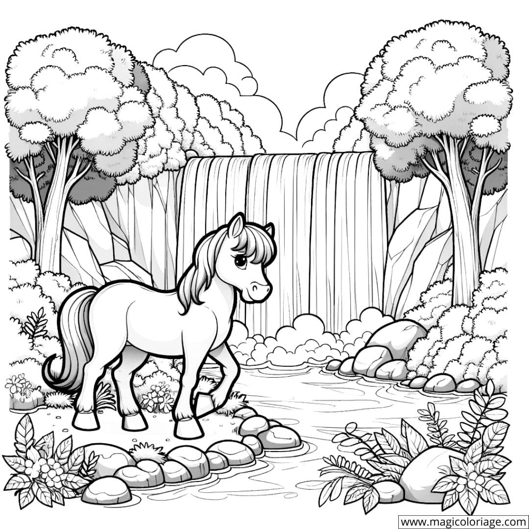 Coloriage d'un cheval près d'une cascade