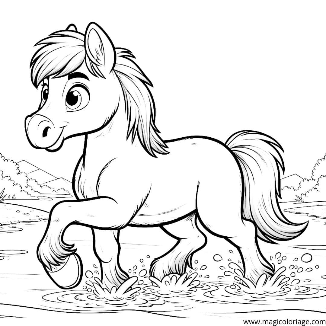 Coloriage d'un cheval sauvage traversant une rivière
