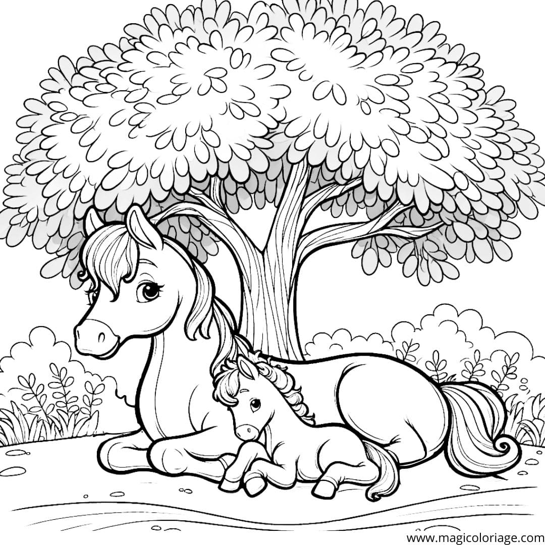 Coloriage d'un cheval sous un arbre ombragé