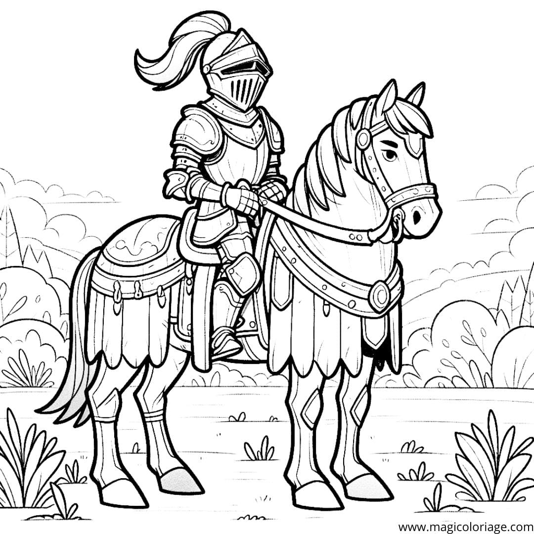 Coloriage d'un chevalier et son cheval en armure