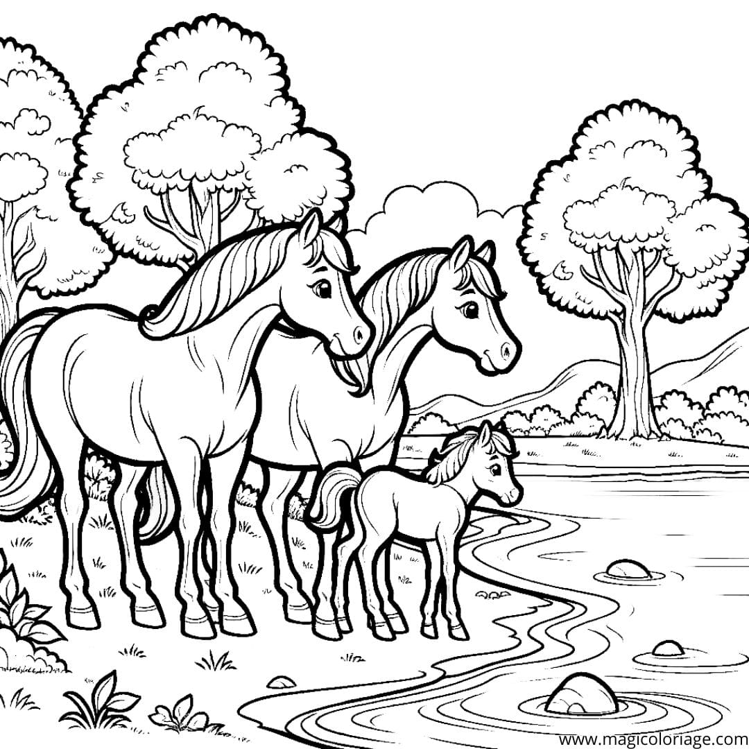 Coloriage d'une famille de chevaux près d'une rivière
