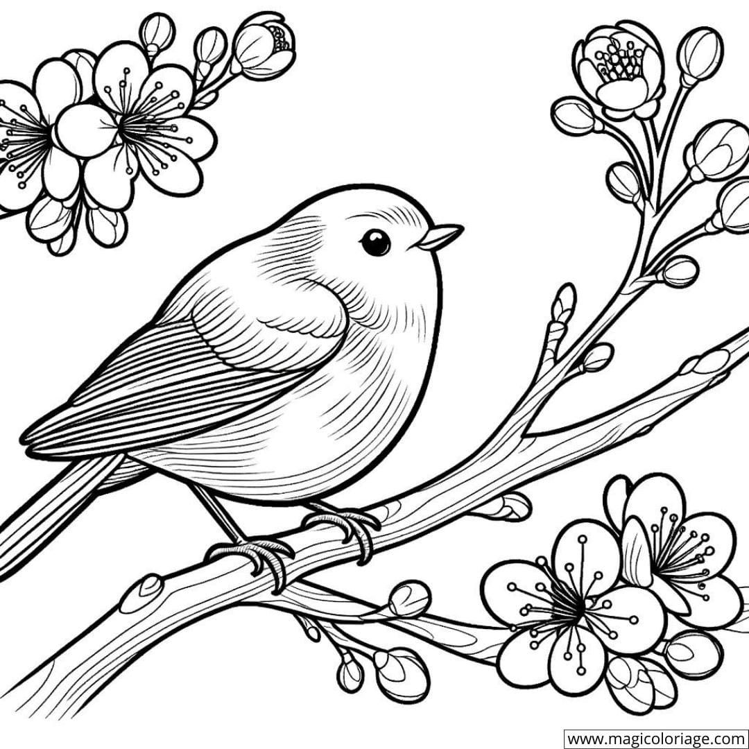 Oiseau chantant sur une branche à colorier