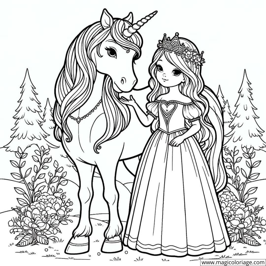 Dessin à colorier de princesse debout à côté d'une licorne