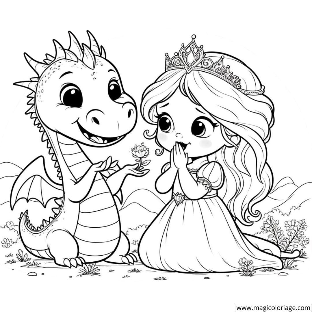 Dessin à colorier de princesse et petit dragon partageant un secret