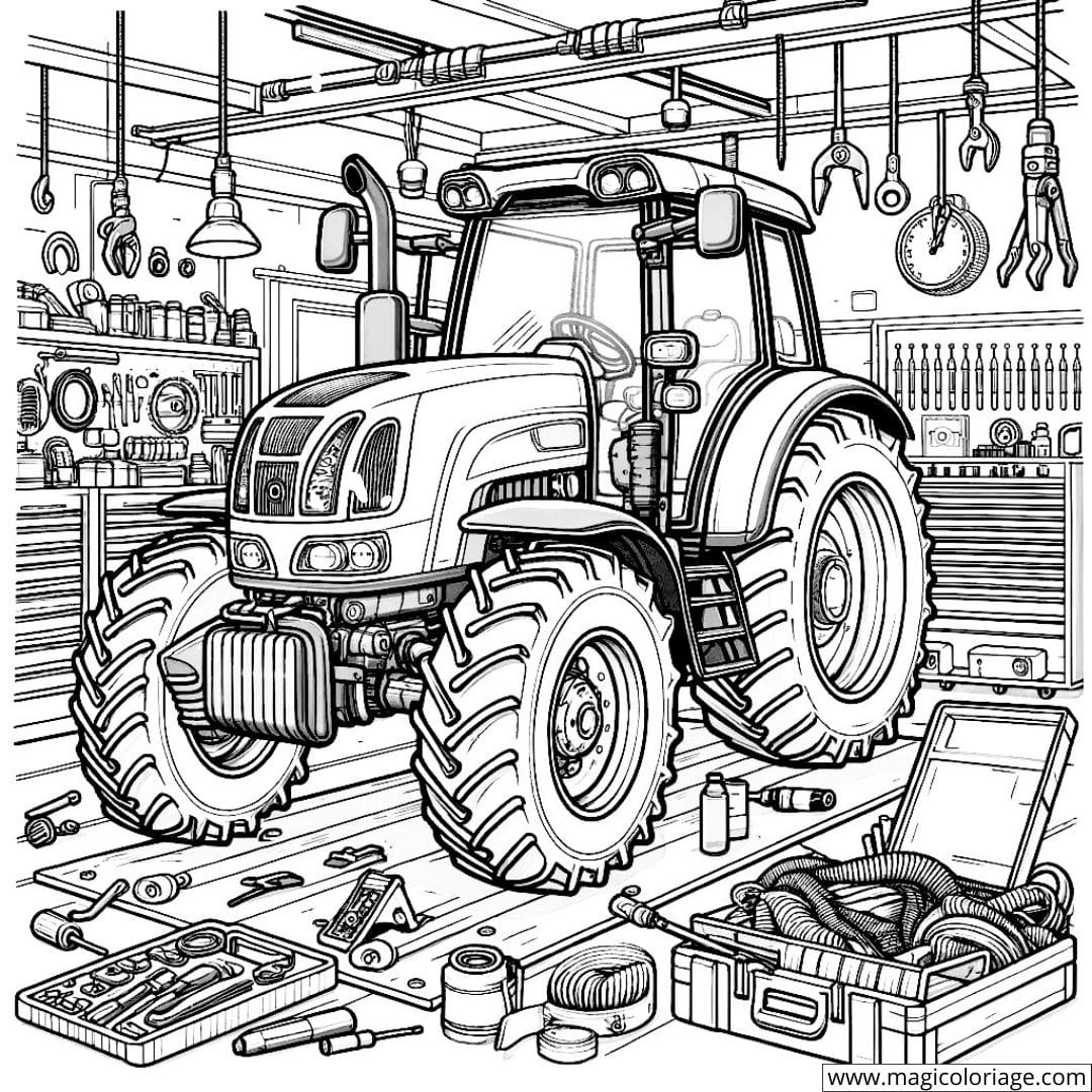 Coloriage d'un tracteur en réparation dans un atelier