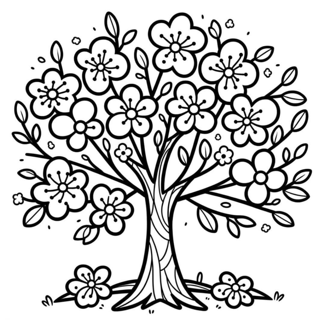 Dessin simple d'un arbre en fleurs à colorier