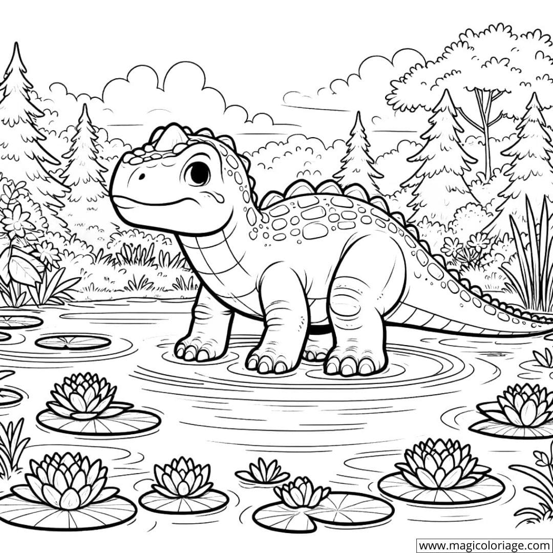 Dessin à colorier d'un Ankylosaure à côté d'un étang