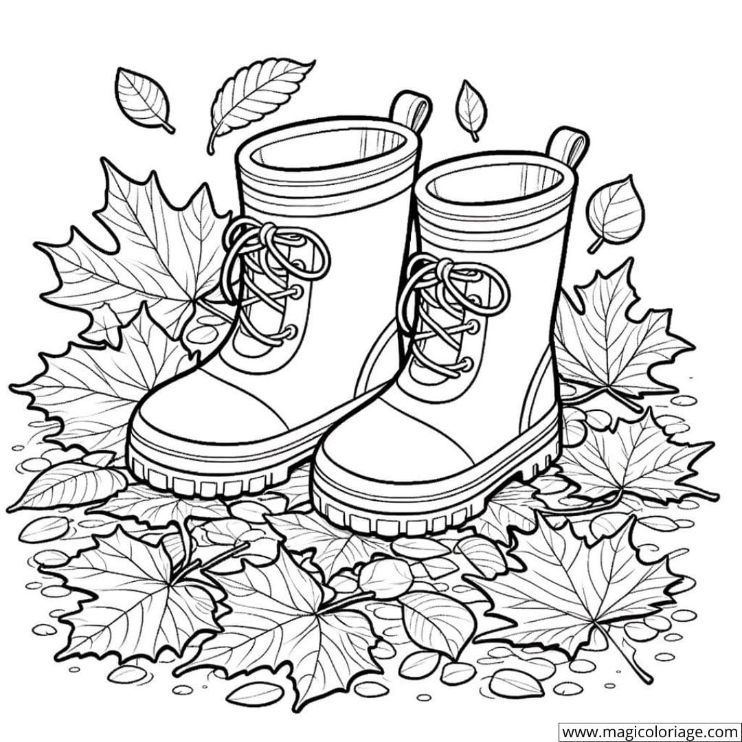 Dessin à colorier de bottes de pluie enfantines sur des feuilles d'automne