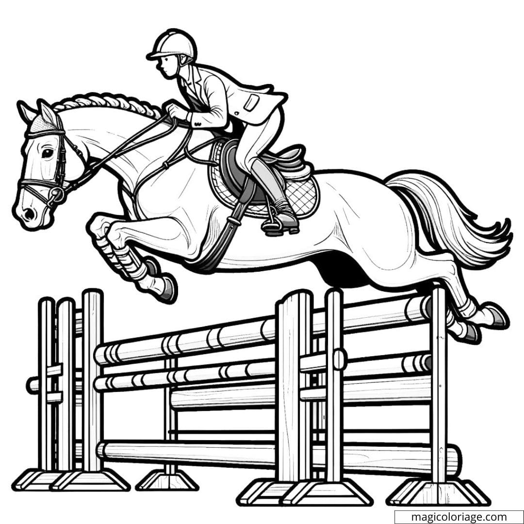 Coloriage d'un cavalier en saut d'obstacles avec son cheval