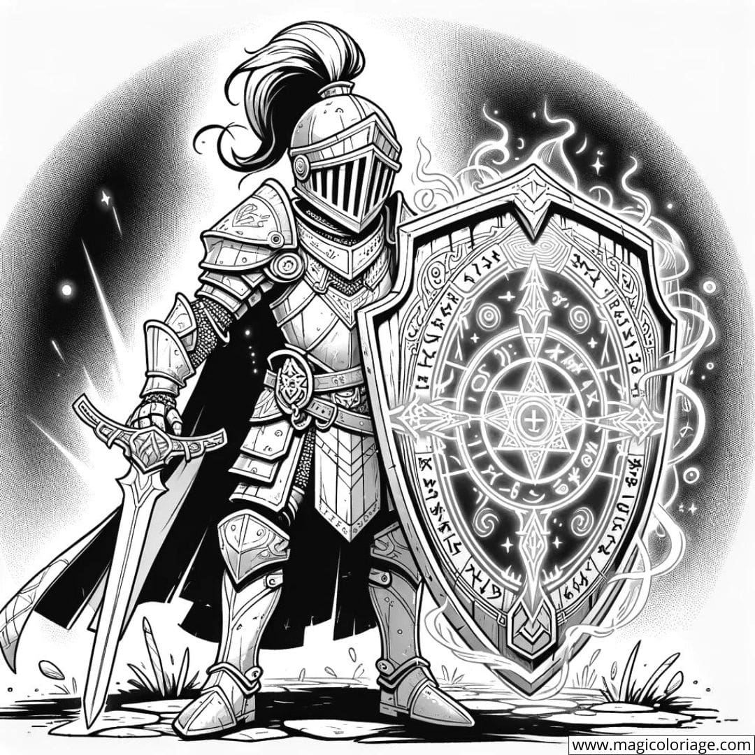 Un chevalier prêt à défendre avec son bouclier magique