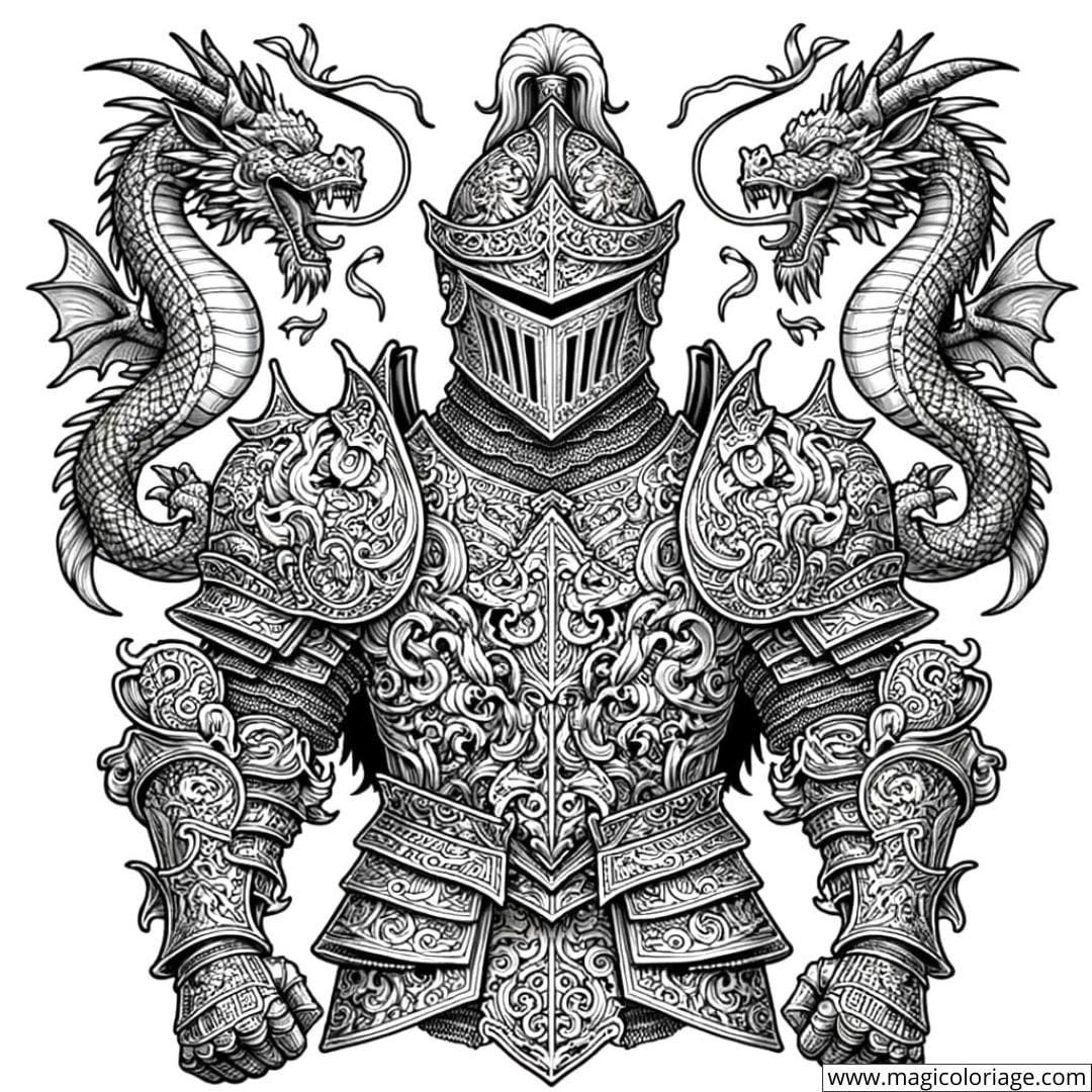 Un chevalier en armure détaillée avec des motifs de dragons