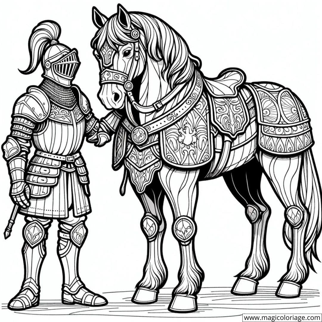 Un chevalier et son cheval en armure, unis dans l'aventure