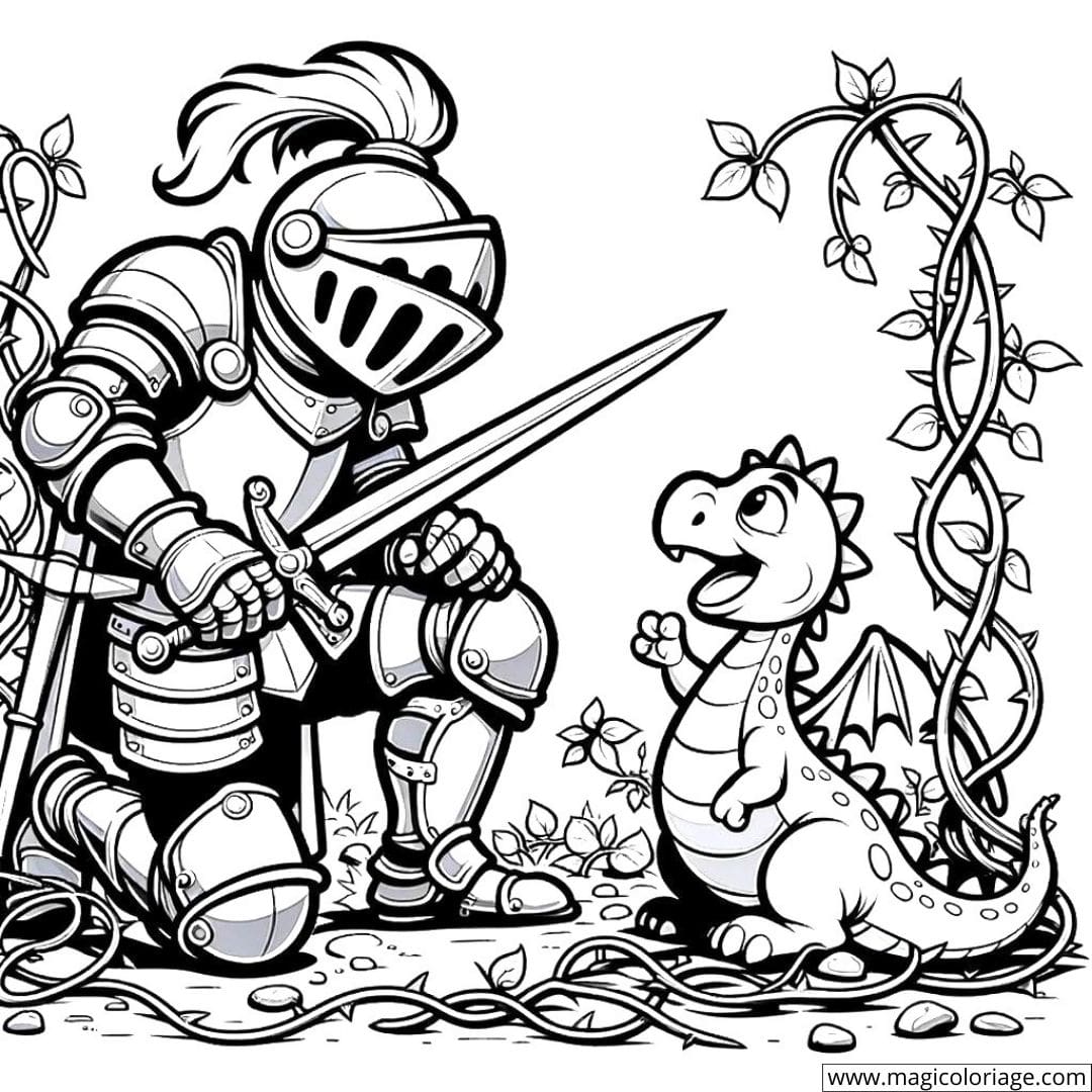 Un chevalier courageux sauvant un dragon amical des vignes