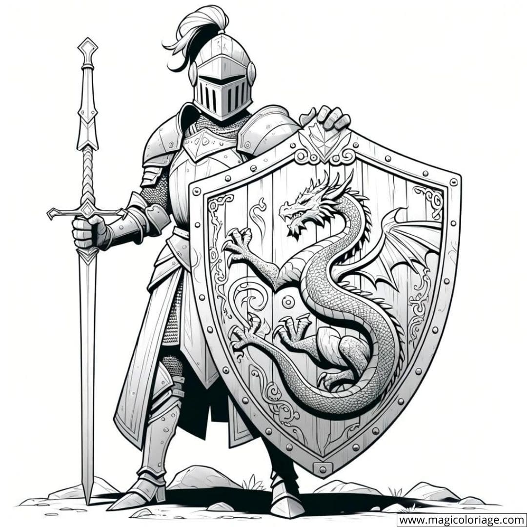 Coloriage d'un chevalier fièrement tenant un bouclier gravé d'un dragon