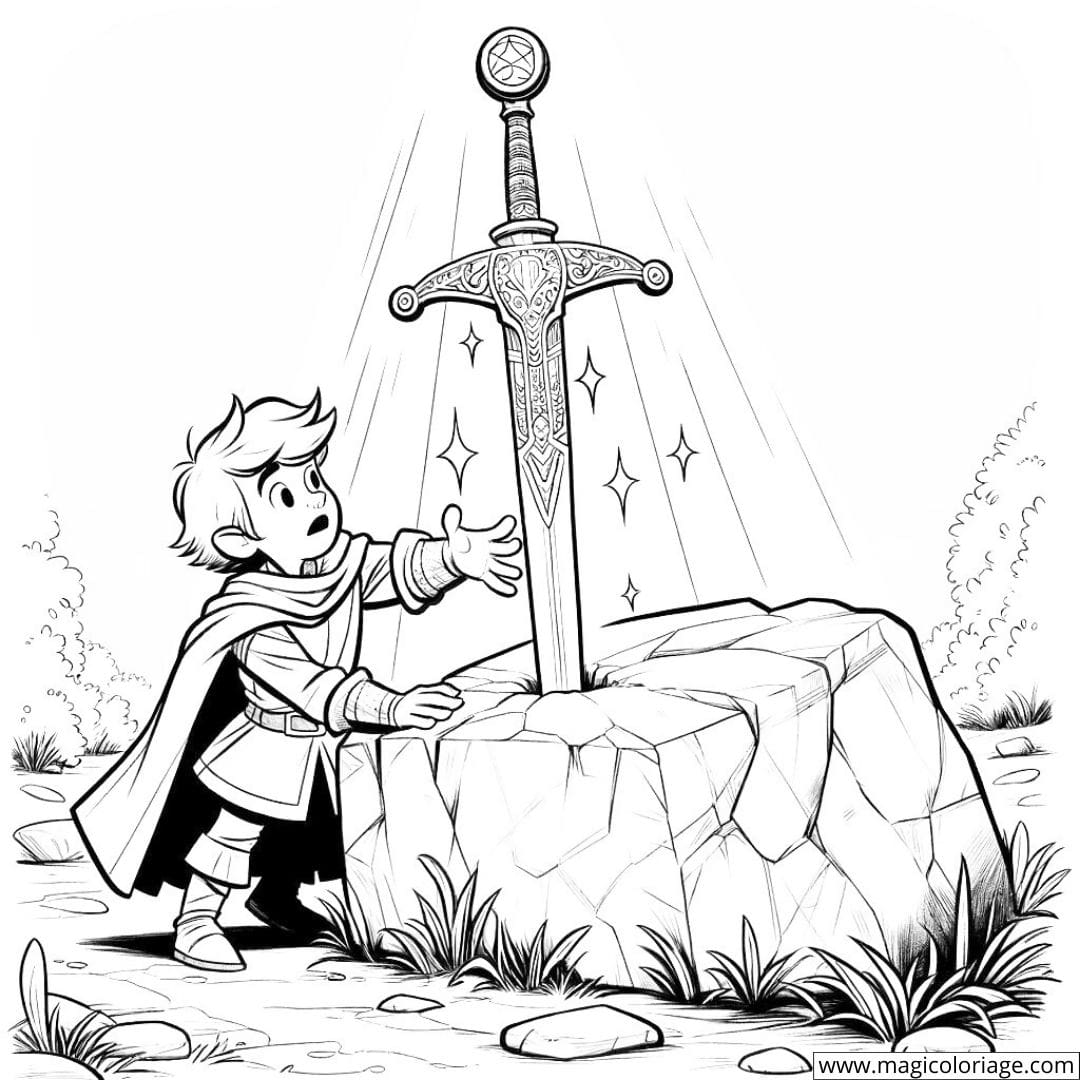 Un chevalier découvrant une épée magique dans la pierre