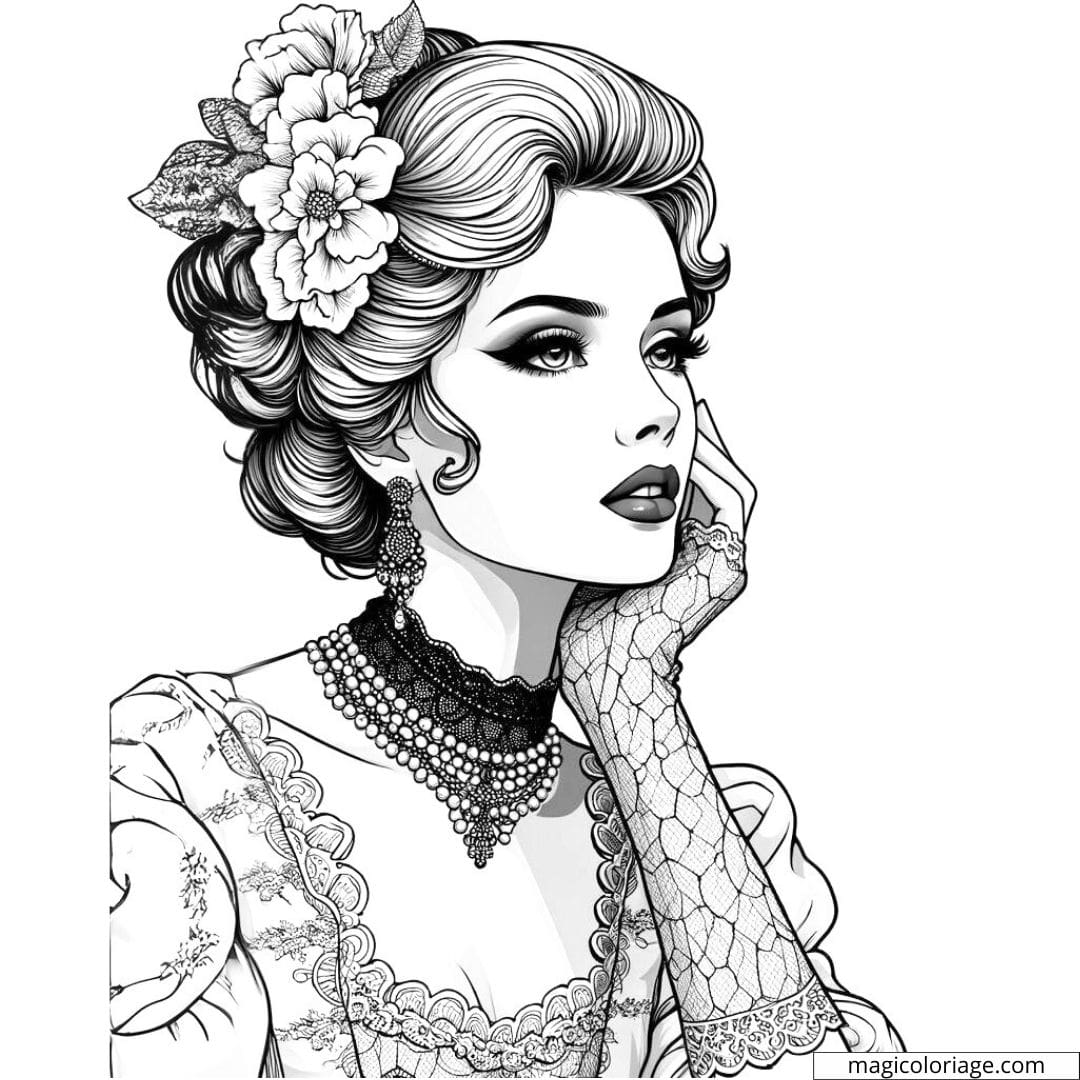 Portrait de femme de style vintage avec motifs de dentelle pour coloriage adulte