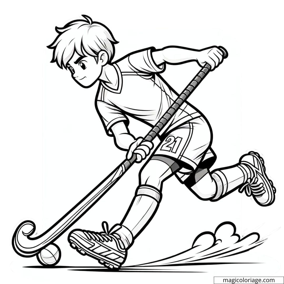Coloriage d'un joueur de hockey sur gazon en action