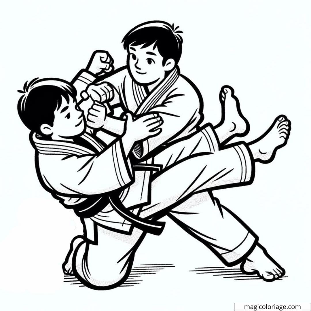 Coloriage de deux judokas en pleine prise