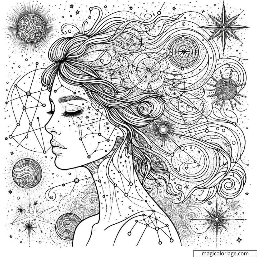 Female portrait surrounded by celestial patterns for coloring
