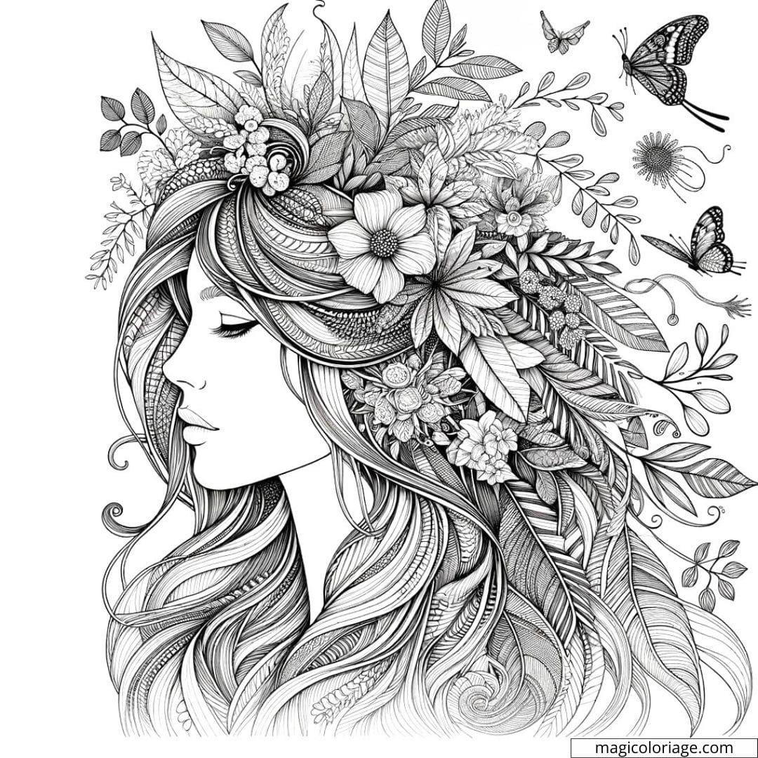 Portrait of woman for adult coloring with nature elements in her hair