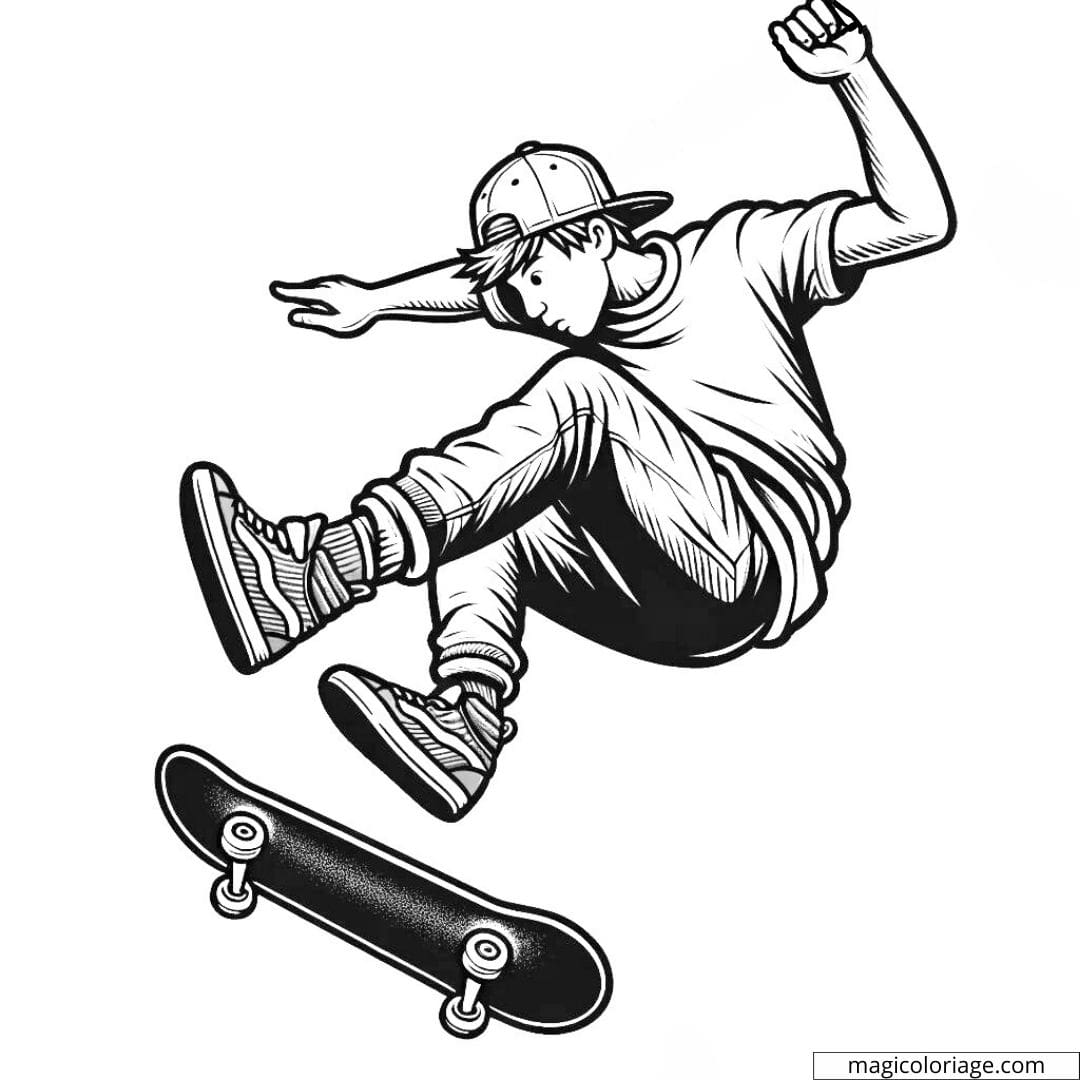 Coloriage d'un skateboarder exécutant une figure aérienne
