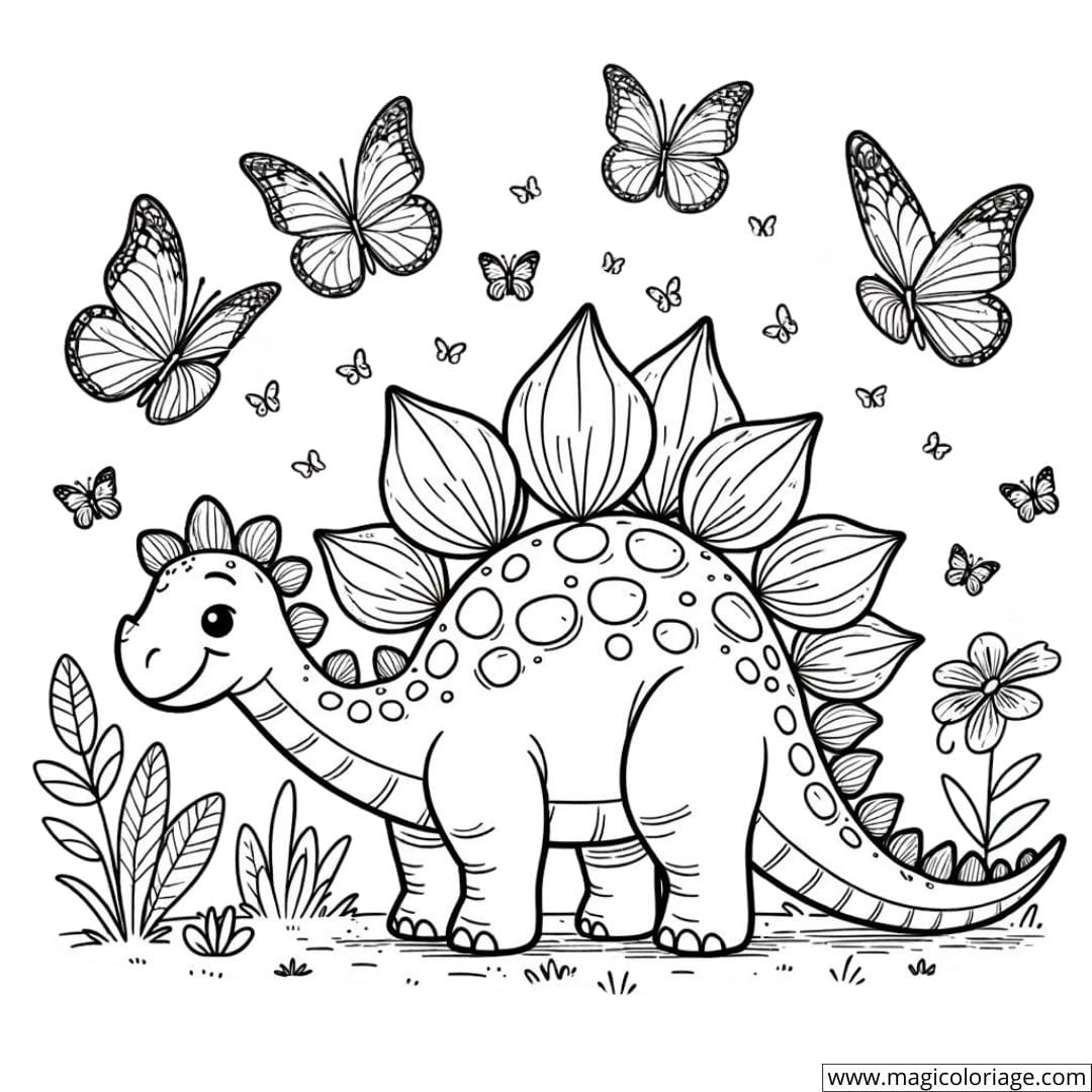 Dessin à colorier d'un Stegosaure avec des papillons
