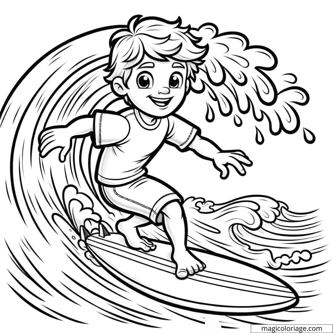 Coloriage d'un surfeur glissant sur une vague