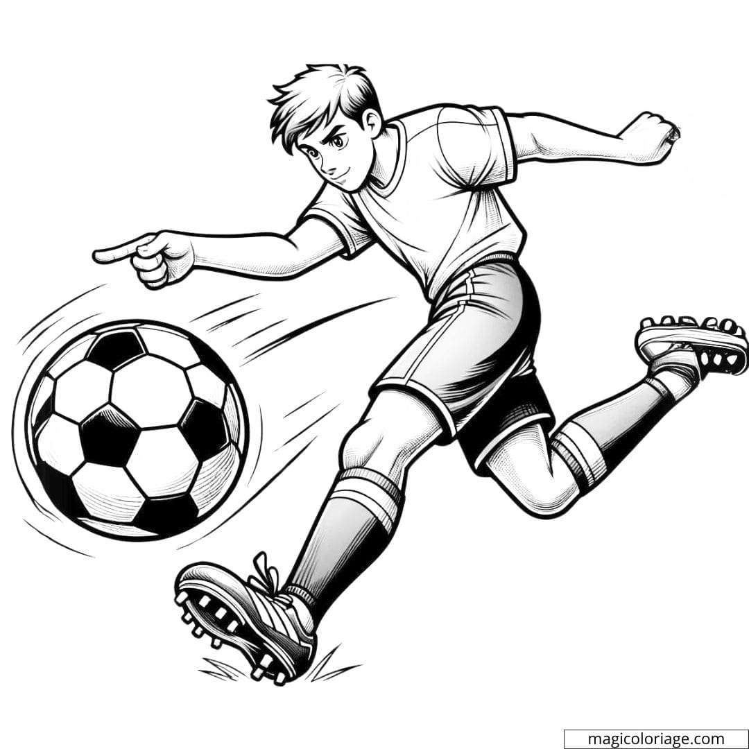Coloriage d'un footballeur frappant le ballon pour un tir au but
