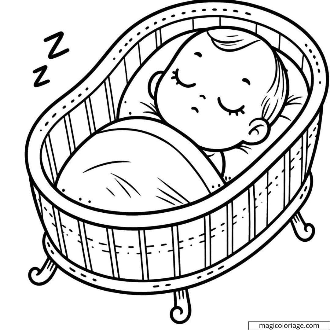Coloriage d'un bébé endormi dans un berceau