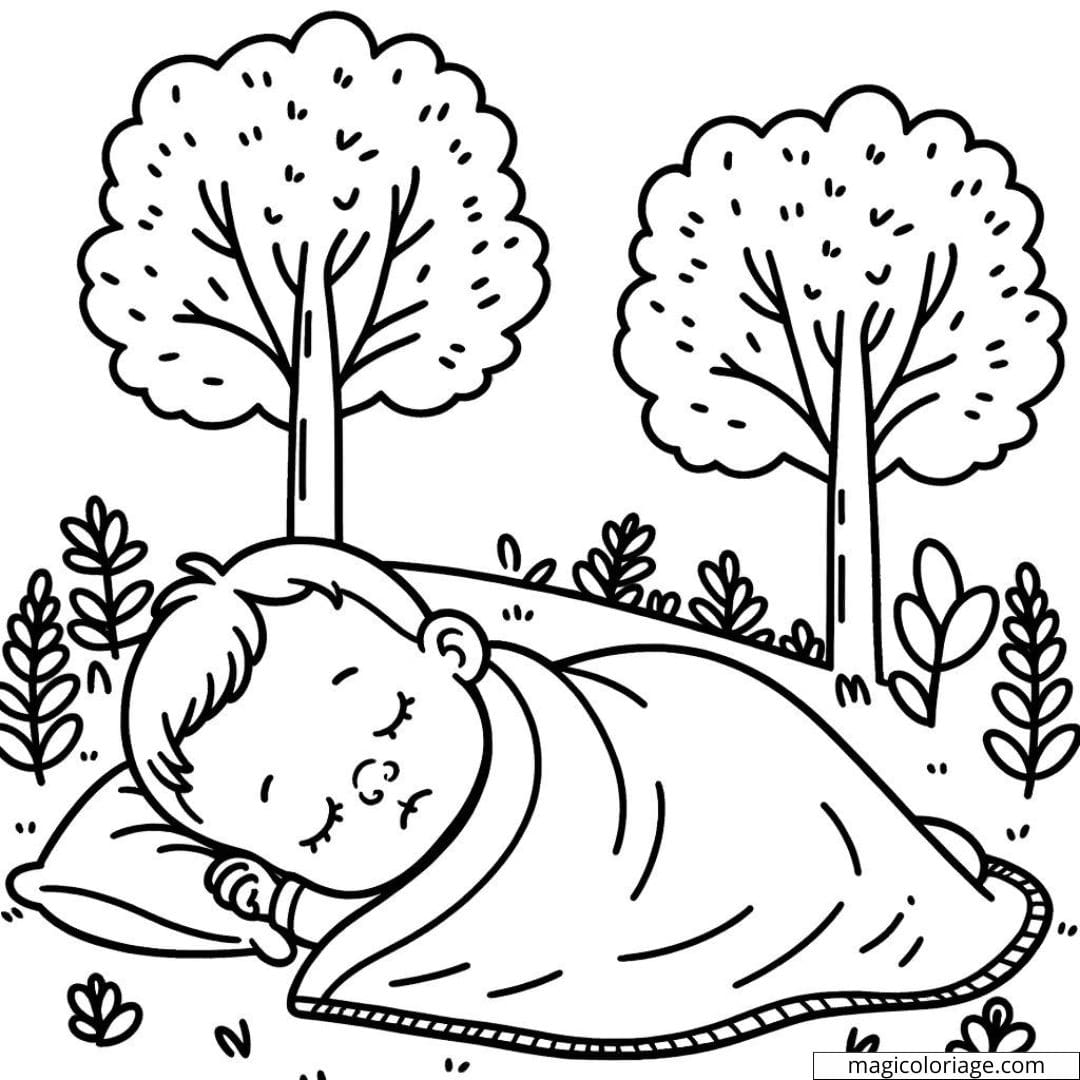 Coloriage d'un bébé faisant la sieste sous un arbre