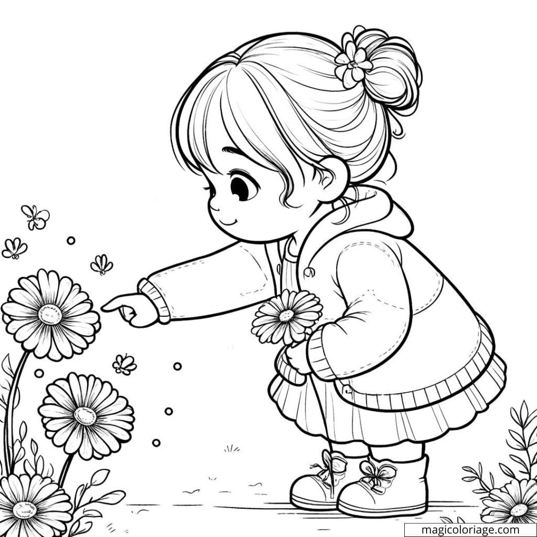 Coloriage d'une bébé fille admirant des fleurs