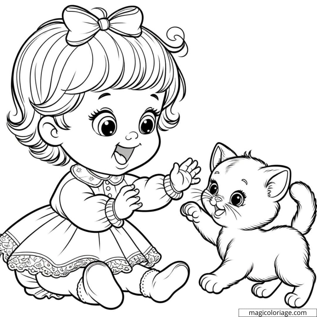 Coloriage d'une bébé fille jouant avec un chaton