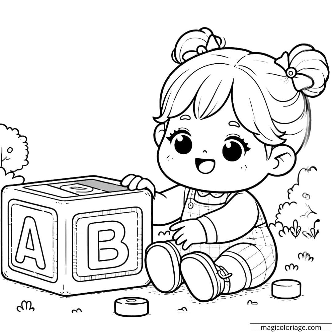 Coloriage d'une bébé fille jouant avec un bloc alphabet