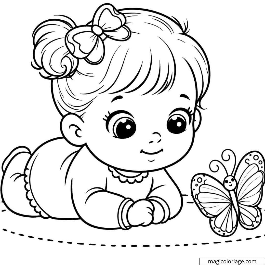Coloriage d'une bébé fille regardant un papillon